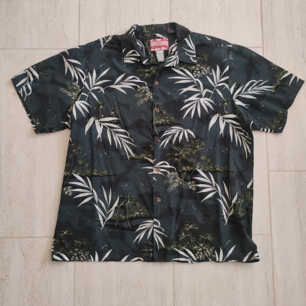 RJC Hawaiian Aloha Shirt Mens XL Extra Large Vintage Black Palm Made in Hawaii